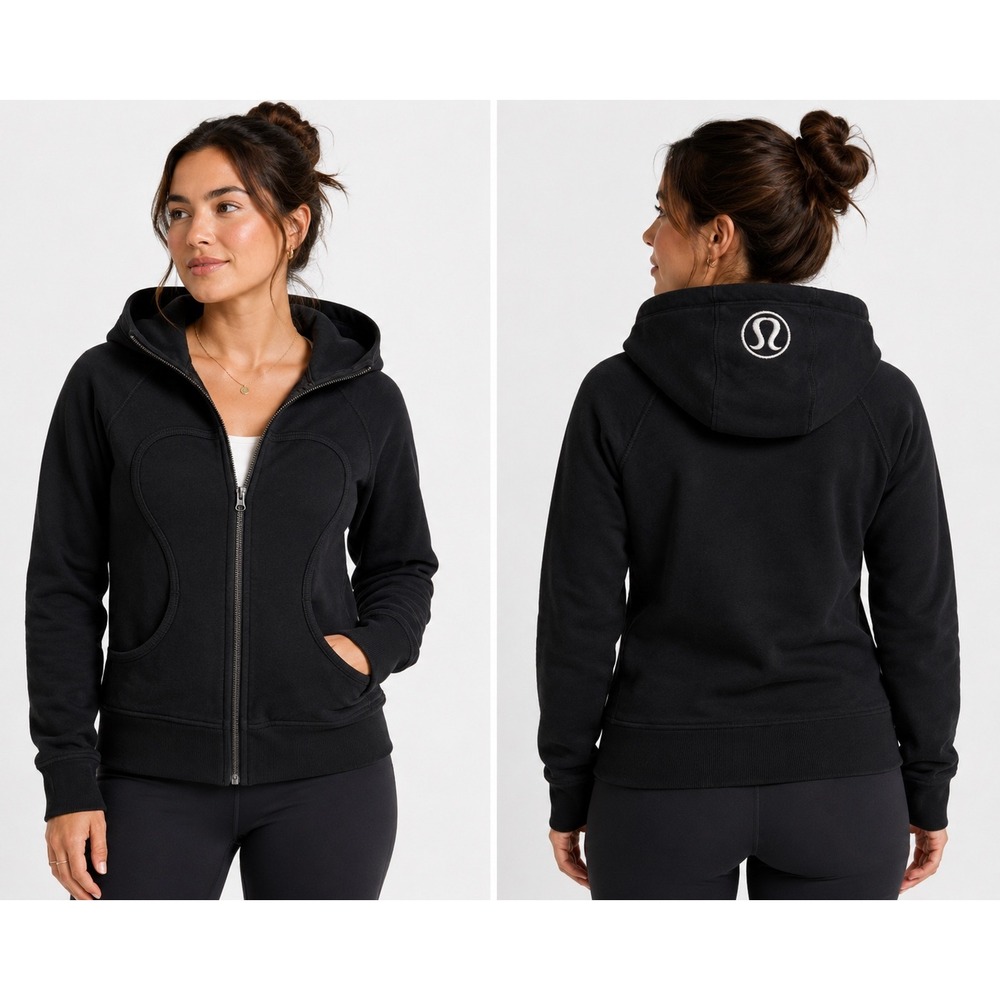 Lululemon OG Scuba Full Zip Hoodie Black Heavy Fleece Sweatshirt Logo Hood SZ 10